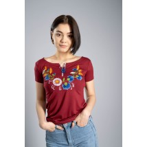 Women's burgundy T-shirt with floral embroidery "Wreath" 3XL