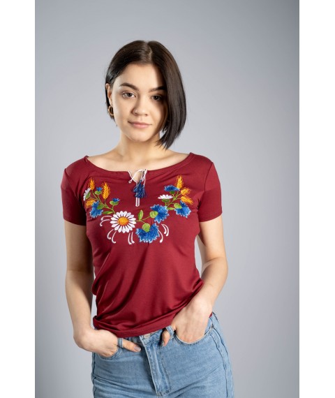 Women's burgundy T-shirt with floral embroidery "Wreath" L