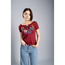Бордовая женская футболка с цветочной вышивкой "Веночек" 3XL