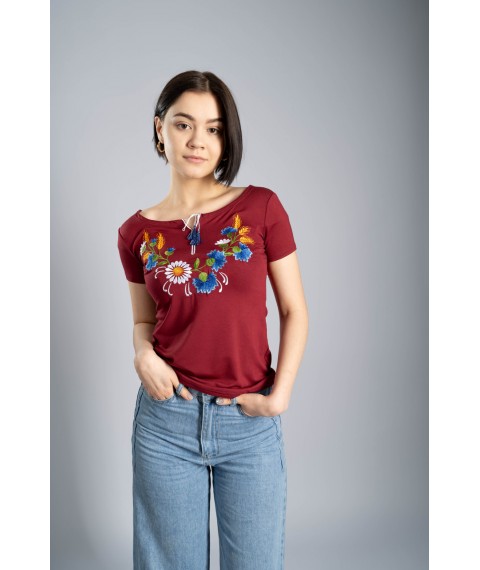 Women's burgundy T-shirt with floral embroidery "Wreath" XXL