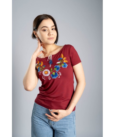 Women's burgundy T-shirt with floral embroidery "Wreath" M