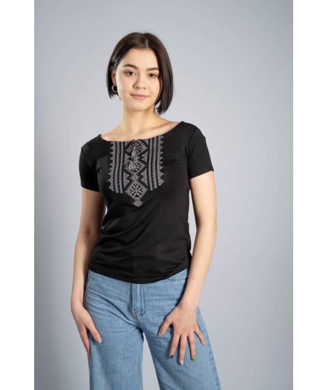 Женская черная футболка-вышиванка на каждый день «Гуцулка (серая вышивка)» XXL