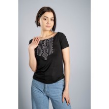 Женская черная футболка-вышиванка на каждый день «Гуцулка (серая вышивка)» M