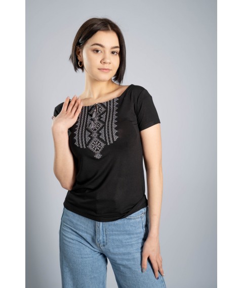 Женская черная футболка-вышиванка на каждый день «Гуцулка (серая вышивка)» 3XL