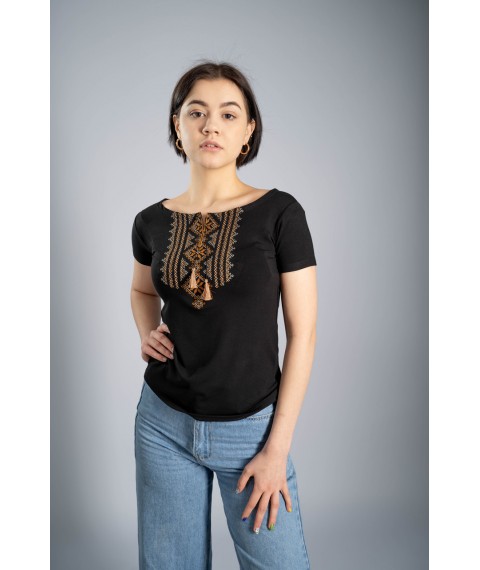 Women's black embroidered T-shirt in Ukrainian style “Hutsulka (brown embroidery)” S