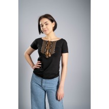Женская черная вышитая футболка в украинском стиле «Гуцулка (коричневая вышивка)» M