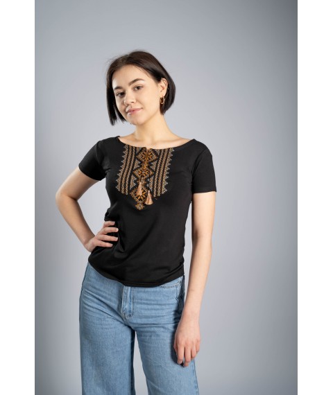 Женская черная вышитая футболка в украинском стиле «Гуцулка (коричневая вышивка)» L