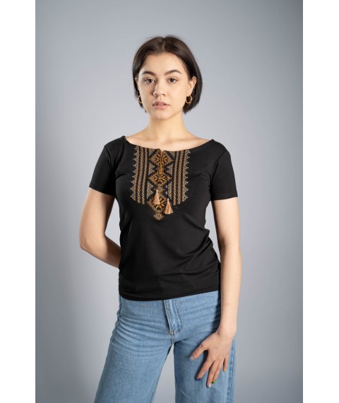 Женская черная вышитая футболка в украинском стиле «Гуцулка (коричневая вышивка)» L