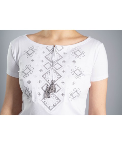 Women's white embroidered T-shirt with gray embroidery "Carpathian ornament" XL