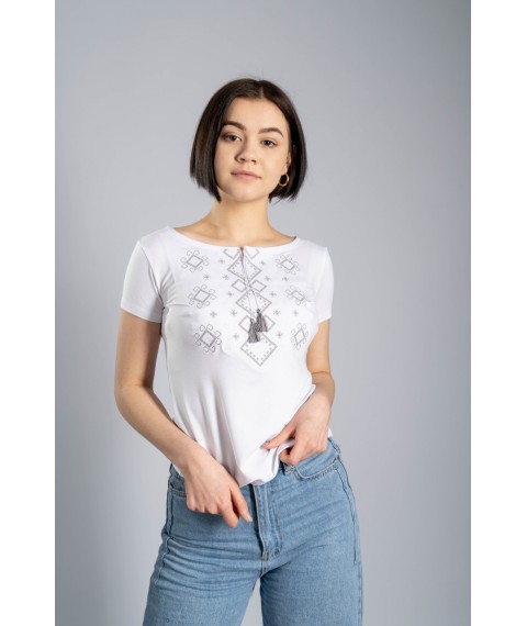 Women's white embroidered T-shirt with gray embroidery "Carpathian ornament" XXL