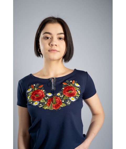 Beautiful women's embroidered T-shirt in blue with a floral pattern "Poppy"