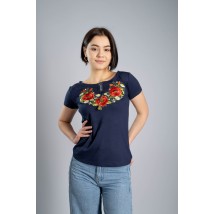 Красивая женская вышитая футболка в синем цвете с цветочным орнаментом «Маковый цвет» L