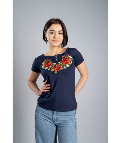 Красивая женская вышитая футболка в синем цвете с цветочным орнаментом «Маковый цвет» XL