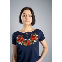 Красивая женская вышитая футболка в синем цвете с цветочным орнаментом «Маковый цвет» XXL