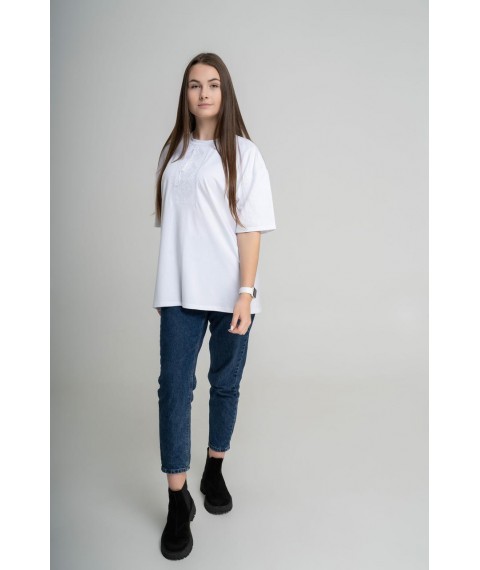 Женская oversize футболка с геометрическим белым орнаментом по белому "Низина" XXL-3XL