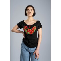 Стильная женская вышитая футболка в черном цвете с круглым вырезом "Маки"