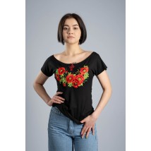 Стильная женская вышитая футболка в черном цвете с круглым вырезом "Маки" 3XL