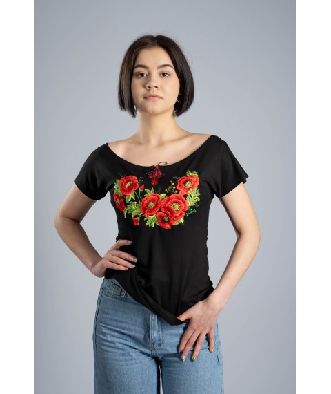 Стильная женская вышитая футболка в черном цвете с круглым вырезом "Маки" XL