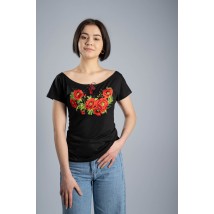 Стильная женская вышитая футболка в черном цвете с круглым вырезом "Маки" M