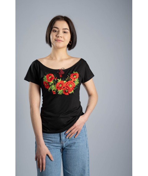 Stylish women's embroidered T-shirt in black with a round neckline "Poppies" XXL
