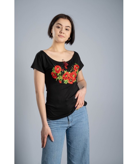 Стильная женская вышитая футболка в черном цвете с круглым вырезом "Маки" XXL