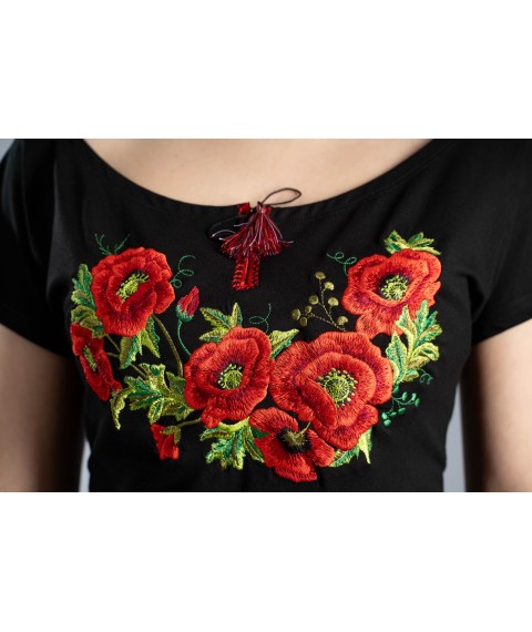Stylish women's embroidered T-shirt in black with a round neckline "Poppies" 4XL