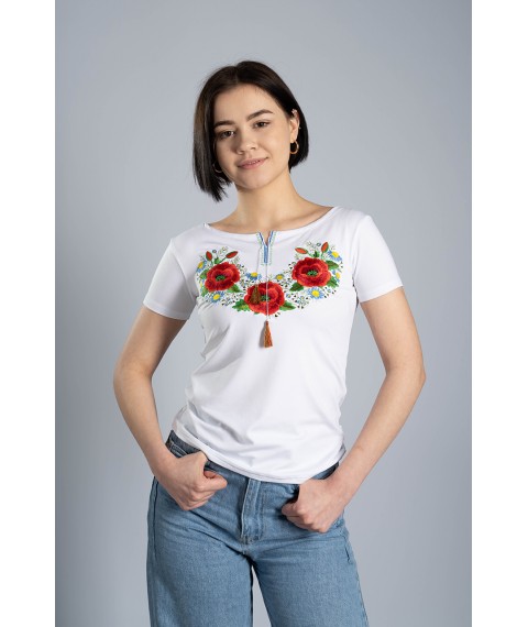 Повседневная вышитая футболка для девушки в белом цвете «Маковый цвет»
