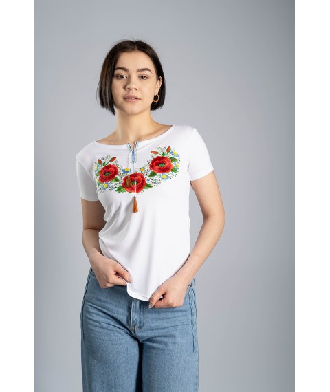 Повседневная вышитая футболка для девушки в белом цвете «Маковый цвет» XL