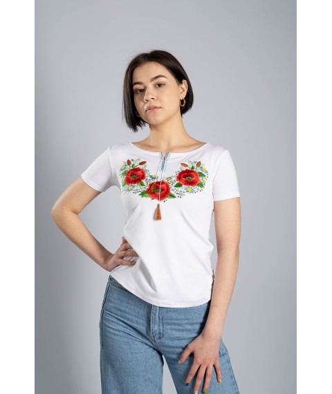 Повседневная вышитая футболка для девушки в белом цвете «Маковый цвет» 3XL