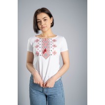White women's embroidered shirt with short sleeves with ties “Carpathian ornament (red embroidery)”