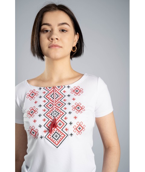 White women's embroidered shirt with short sleeves with ties “Carpathian ornament (red embroidery)”