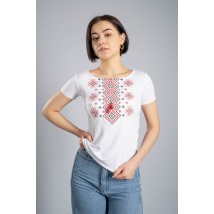 White women's embroidered shirt with short sleeves with ties “Carpathian ornament (red embroidery)” 3XL