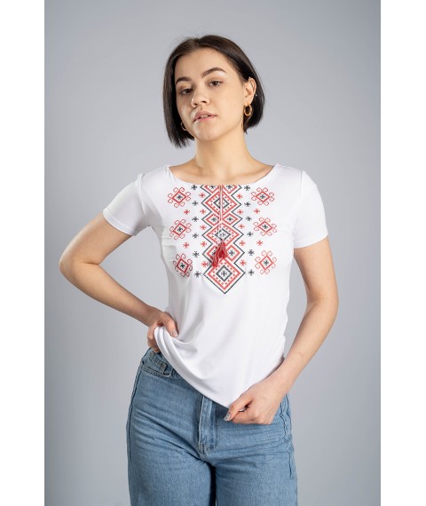 White women's embroidered shirt with short sleeves with ties “Carpathian ornament (red embroidery)” XXL