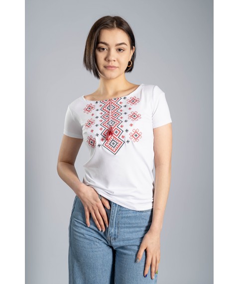 White women's embroidered shirt with short sleeves with ties “Carpathian ornament (red embroidery)” XL