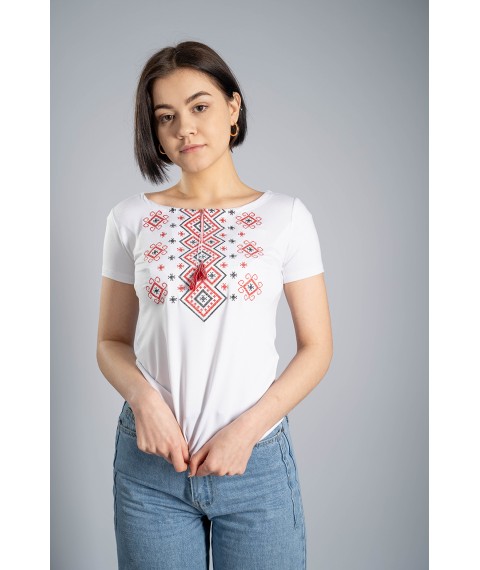 White women's embroidered shirt with short sleeves with ties “Carpathian ornament (red embroidery)” M