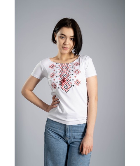 White women's embroidered shirt with short sleeves with ties “Carpathian ornament (red embroidery)” S
