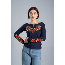 Женская вышитая футболка с длинным рукавом «Маковий цвіт» синяя