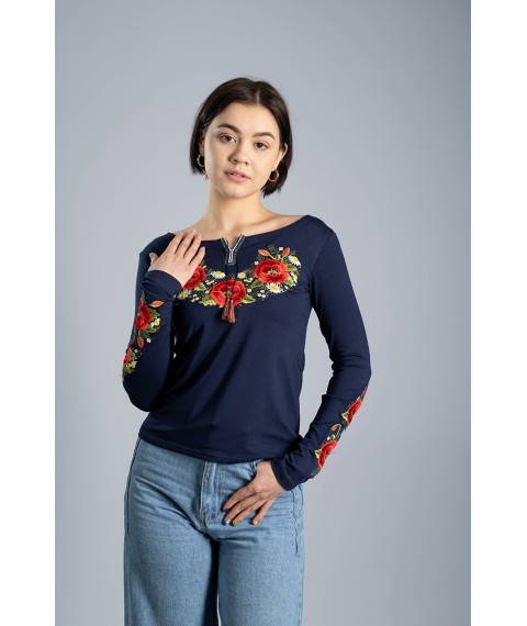 Женская вышитая футболка с длинным рукавом «Маковий цвіт» синяя