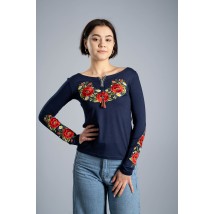 Женская вышитая футболка с длинным рукавом «Маковий цвіт» синяя S