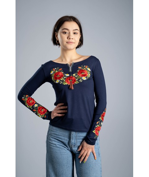 Женская вышитая футболка с длинным рукавом «Маковий цвіт» синяя XXL
