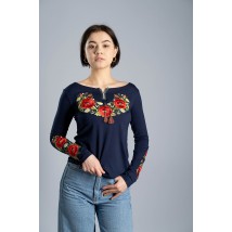 Женская вышитая футболка с длинным рукавом «Маковий цвіт» синяя M