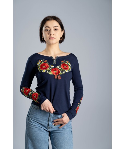 Женская вышитая футболка с длинным рукавом «Маковий цвіт» синяя M