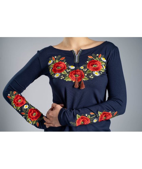 Women's embroidered T-shirt with long sleeves “Poppy blossom” blue L