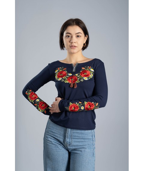 Женская вышитая футболка с длинным рукавом «Маковий цвіт» синяя XXL