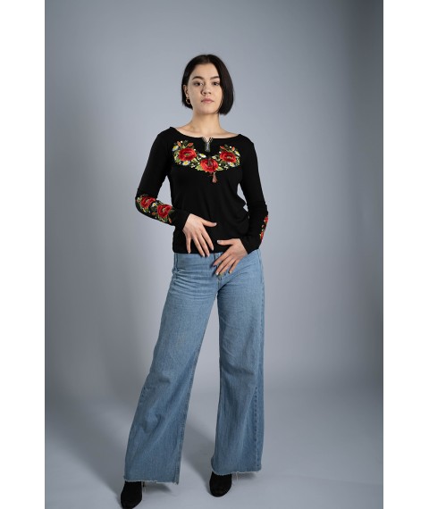 Women's embroidered T-shirt with long sleeves “Poppy blossom” black L