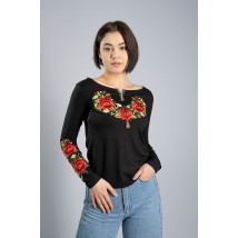Женская вышитая футболка с длинным рукавом «Маковий цвіт» черная XXL