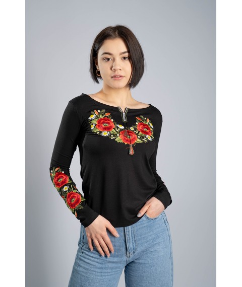 Women's embroidered T-shirt with long sleeves “Poppy blossom” black L