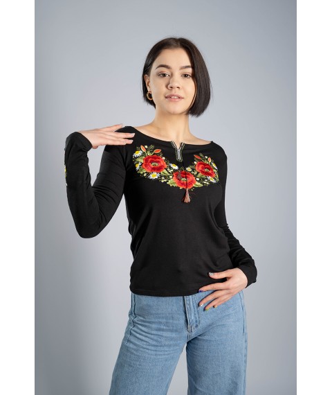 Женская вышитая футболка с длинным рукавом «Маковий цвіт» черная 3XL