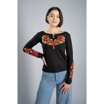 Женская вышитая футболка с длинным рукавом «Маковий цвіт» черная XL
