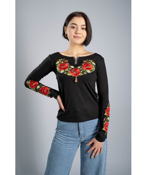 Женская вышитая футболка с длинным рукавом «Маковий цвіт» черная XXL